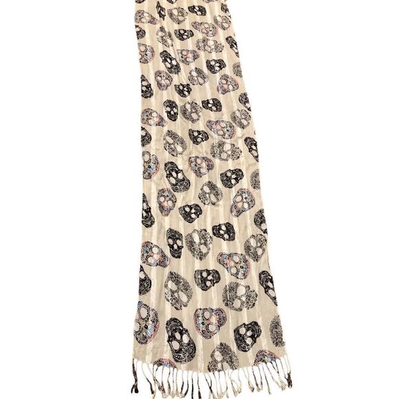 Pier 1 Sugar Skull Halloween Autumn Lightweight Tassle Scarf with Sparkle Glitte - Picture 6 of 16